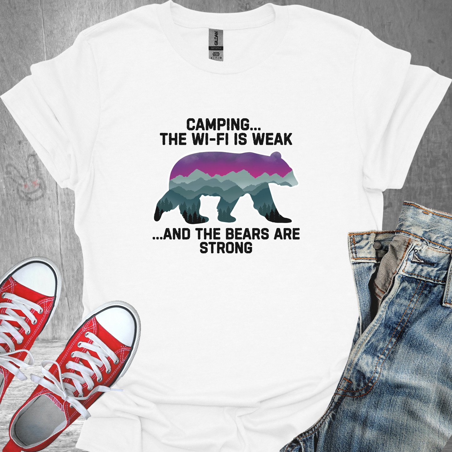 Camping: The wifi is weak and the bears are strong- Unisex Jersey Short Sleeve Tee