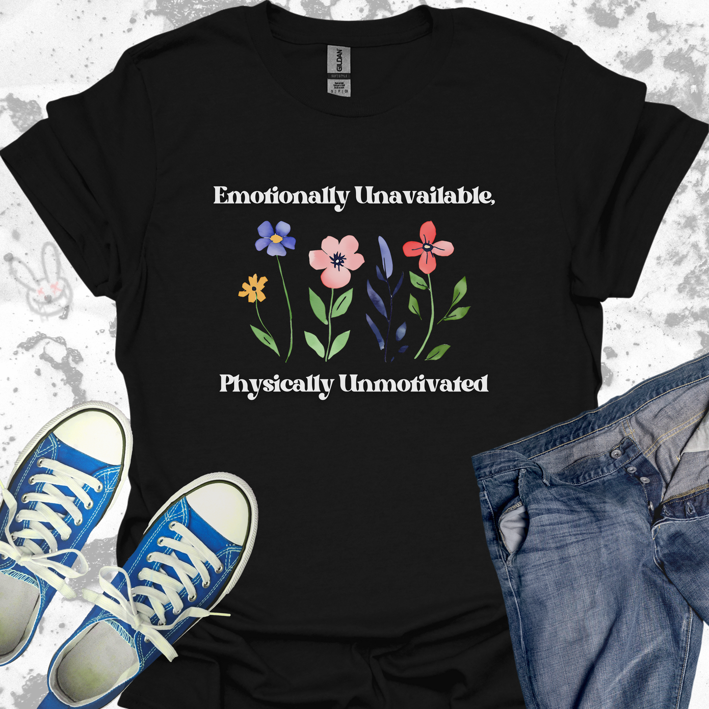 Emotionally Unavailable, Physically Unmotivated (flowers)- Unisex Jersey Short Sleeve Tee