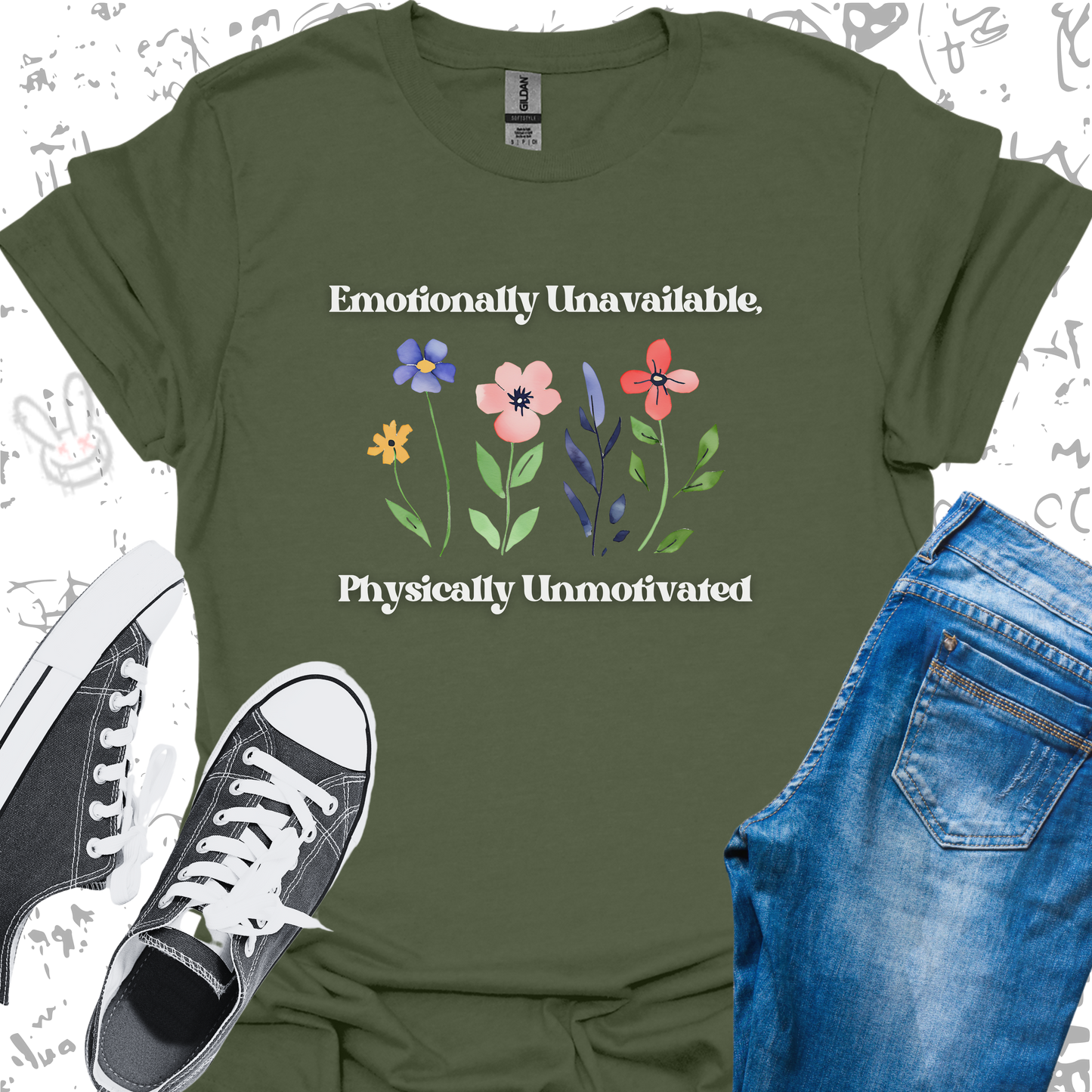 Emotionally Unavailable, Physically Unmotivated (flowers)- Unisex Jersey Short Sleeve Tee