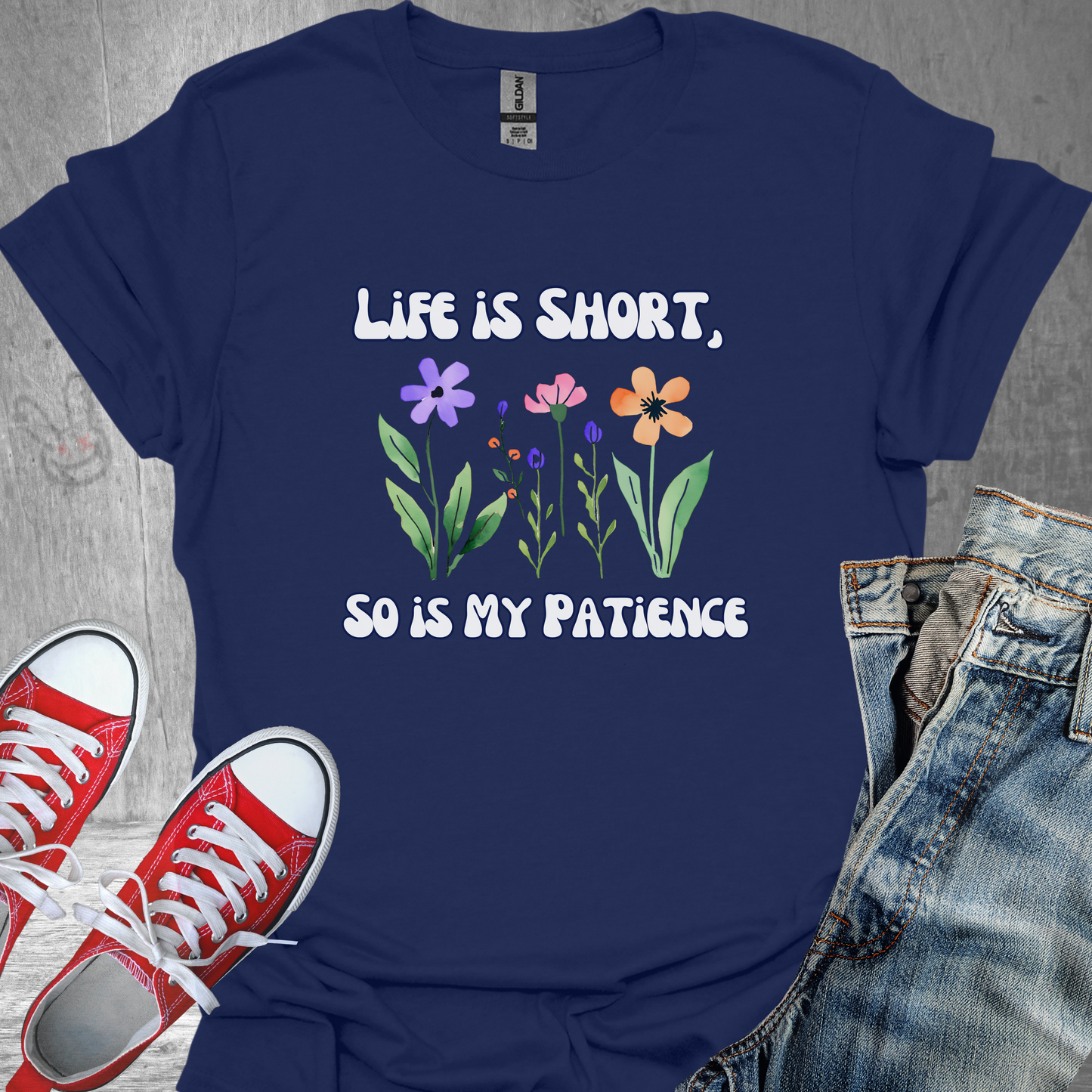 Life is Short, so is my Patience (flowers)- Unisex Jersey Short Sleeve Tee