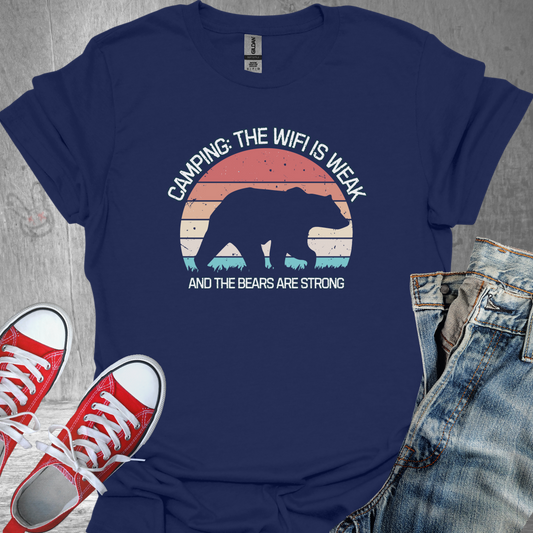 Camping: The wifi is weak and the bears are strong (v2)- Unisex Jersey Short Sleeve Tee